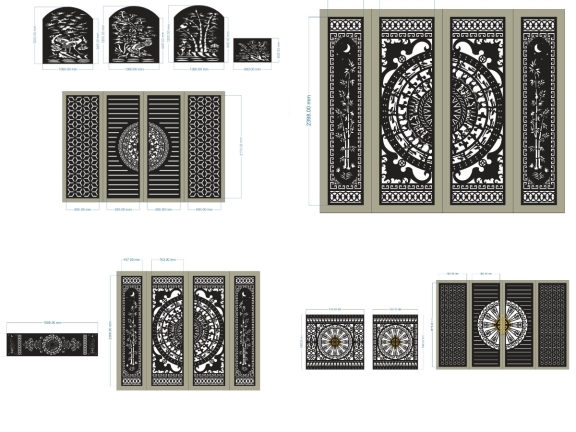 Bộ 8 mẫu Cổng 4 cánh và hàng rào trống đồng file dxf