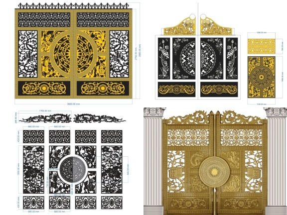 Mẫu Cổng 4 Cánh Tứ Linh Đối Xứng