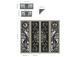 Model cnc cổng 4 cánh tài lộc kết hợp hàng rào và hoa góc