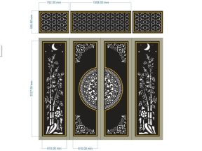 Model cnc cổng 4 cánh trúc kết hợp ô thoáng bông tuyết