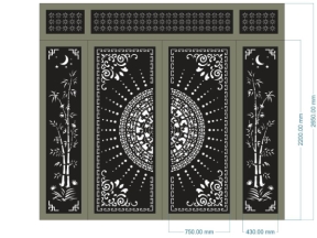 Model dxf cnc cổng 4 cánh trúc có ô thoáng