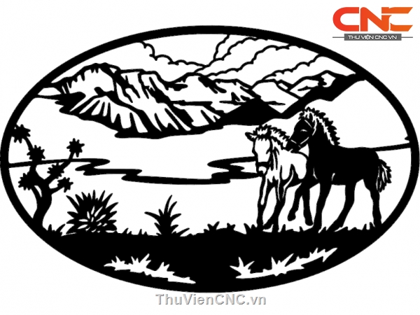 Tranh 2D phong cảnh sông núi và ngựa