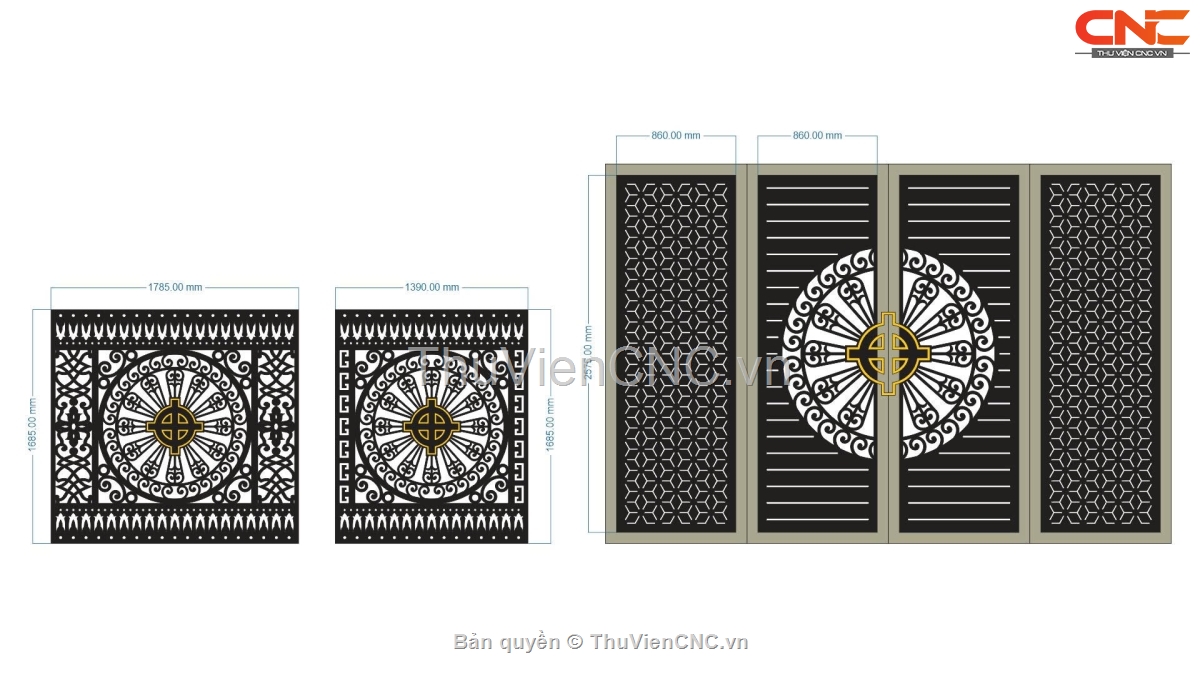 Bộ 8 mẫu Cổng 4 cánh và hàng rào trống đồng file dxf